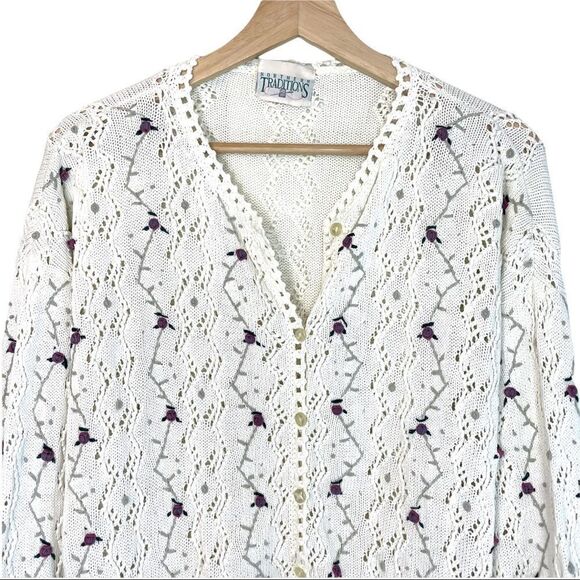 Vintage Northern Traditions Pointelle Knit Floral Embroidered Cardigan - Picture 2 of 11